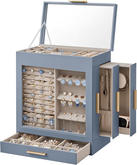 SONGMICS Jewelry Box with Glass Window, 5-Layer Jewelry Organizer with 3 Side Drawers, Jewelry Storage, with Big Mirror, Modern, 6.1 x 10.3 x 12.6 Inches, Smoky Blue and Metallic Gold UJBC162Q01