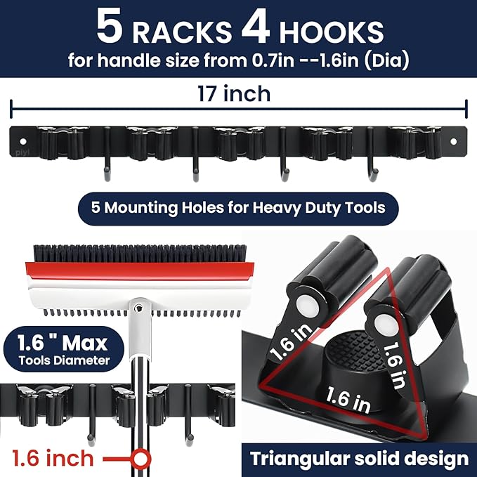 Piyl Mop and Broom Holder Wall Mount - 5 Racks and 4 Hooks Broom Hanger Mop Organizer Storage Tool Racks Stainless Steel Heavy Duty Utility Hooks for Home Kitchen Garden Laundry Garage Closet