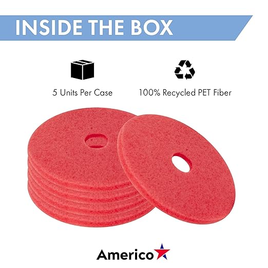 Americo Red Buffer Floor Pad, for Light Cleaning and Buffing, 12" Diameter, 3.25" Center Hole, 5 Pads/Case, Made of 100% Recycled Content, USA Made