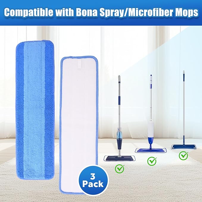 3 Pack Microfiber Cleaning Pads Compatible with Bona Mop Spray Mop Replacement Pad 18 Inch, Machine Washable Reusable, Hardwood & Hard Surface Floors, Clean Pet Hair & Dust
