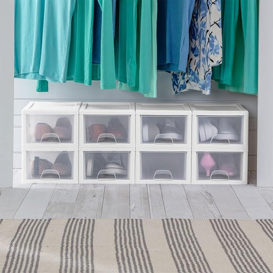 Sterilite 24-Pack 6 Quart Stacking Drawer, Clear Storage Closet Organizer, White Frame - Stackable Modular Plastic Drawers for Clothes, Accessories, Craft Supplies, Shoes or Linens
