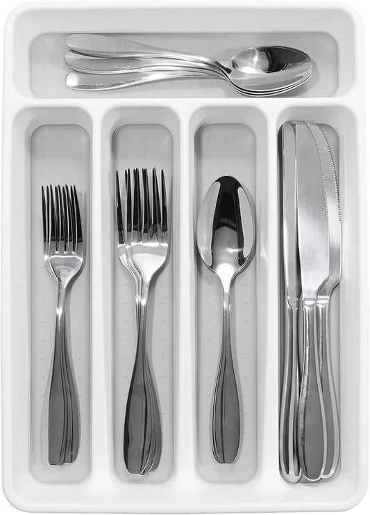 madesmart Small Silverware Tray, Compact 5 Compartment Flatware Organizer for Forks, Knives & Spoons, Non Slip, Soft Grip Lining, Fits Small Drawers, White
