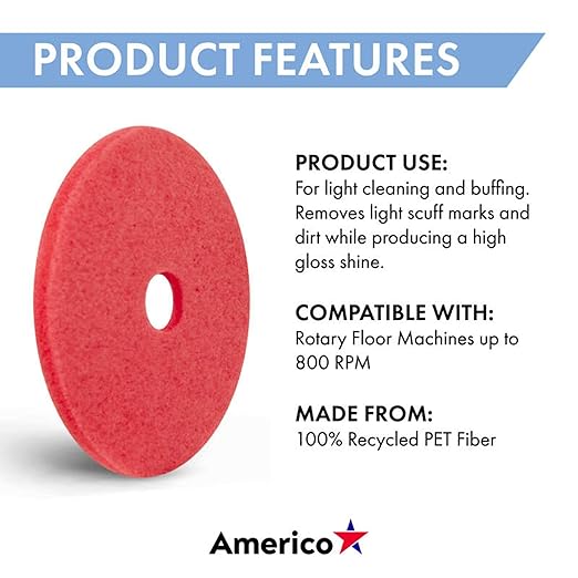 Americo Red Buffer Floor Pad, for Light Cleaning and Buffing, 12" Diameter, 3.25" Center Hole, 5 Pads/Case, Made of 100% Recycled Content, USA Made