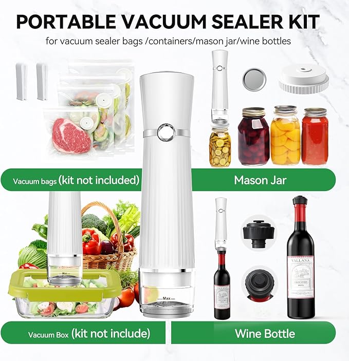 Vacuum Sealer for Food (Compact Vacuum Sealer Machine +30 Mason Jar Lids+ Wine Stopper), Handheld Mason Jar Vacuum Sealer for 10X Preservation & Fresh, 80Kpa Portable Vacuum Food Saver