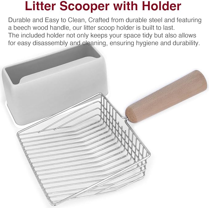 Cat Litter Scoops with Base Bracket, Kitty Scoop, Metal Cat Litter Scoop - Heavy Duty Litter Scooper & Speed Sifter with Comfortable Beech Wood Grip - Heavy Duty and Easy Clean