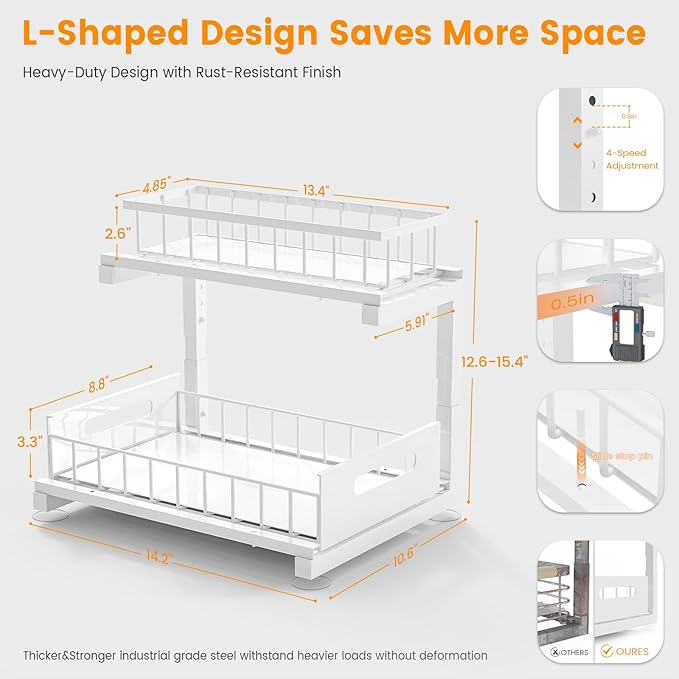 Under Sink Organizer, Heavy Duty Metal Pull Out Cabinet Organizer Slide Out Sink Shelf Organizer Height Adjustable, Multi-Purpose Storage Shelf for Kitchen Bathroom (White,1Pack)