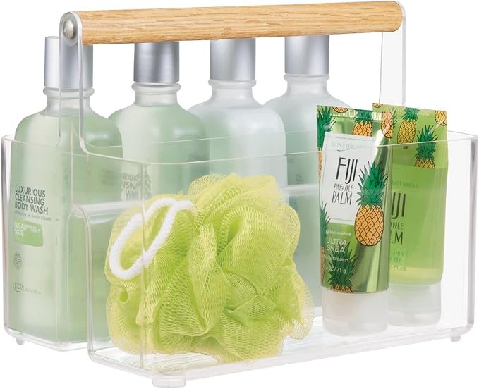 mDesign Plastic Portable Shower Caddy Divided Basket Bin Storage Organizer with Bamboo Handle for Bathroom, Dorm, Shelf & Cabinet Holds Shampoo, Conditioner - Aura Collection, Clear/Natural