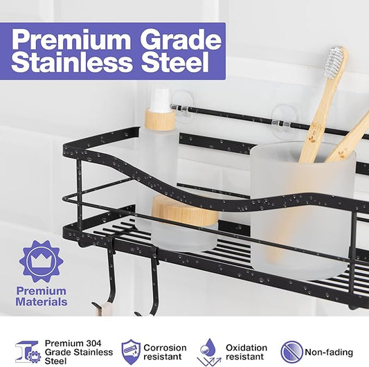 KINCMAX Premium Shower Caddy - Self Adhesive Shower Shelf with 4 Hooks - No Drill Large Capacity Stainless Steel Rack - Aesthetic Organizer for Bathroom Wall Decor - Matte Black