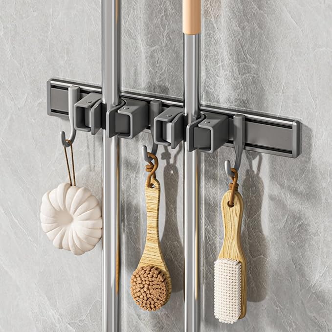 Broom Holder Wall Mount Movable Hooks and Clips Mop and Broom Hanger Wall Mounted Aluminum Garage Tool Organizer Storage adhesive (30cm, Grey)