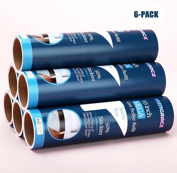 10 inch Mega Lint Roller Refills Compatible with Evercare Smart Design Layers Large Mega Lint Rollers and More, 50% More Pickup, 60 Sheets per Refill, Pack of 6, 360 Sheets Total