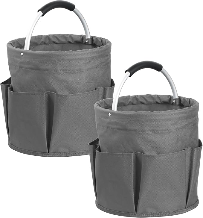 2Pcs Cleaning Caddy with Handle and 6 Pockets, 17L Foldable Cleaning Tote Bag, Portable Shower Caddy in 600D Oxford Fabric, Multifunctional Storage Basket for Camping, Garden, Dark Gray