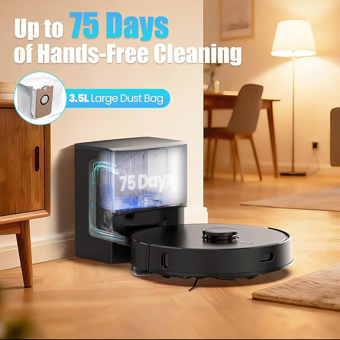 E10+ Robot Vacuums and Mop, 75-Day Self-Emptying, 8000PA Suction, LiDAR Navigation, Home Mapping, APP ＆ Voice Control, 150Mins Runtime for Pet Hair, Hard Floors, Carpets