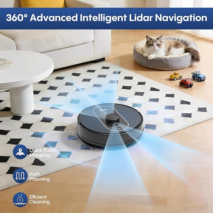 Robot Vacuum and Mop Self-Emptying: 6000Pa Robotic Vacuum 5-In-1 LiDAR Navigation with No-Go Zones/Mapping for 90 Days Hands-Free Cleaning, APP/Alexa Robot Vacuum for Pet Hair & Carpet & Hard Floor
