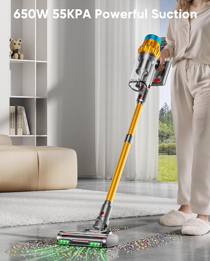 Cordless Vacuum Cleaner, 650W/55KPA, 70 Mins Runtime Self-Standing Stick Vacuum, Vacuum Cleaners for Home with Anti-Tangle Brush, Smart Display, 1.8L Cup Vacuum for Pet Hair/Carpet/Floor (Gold)