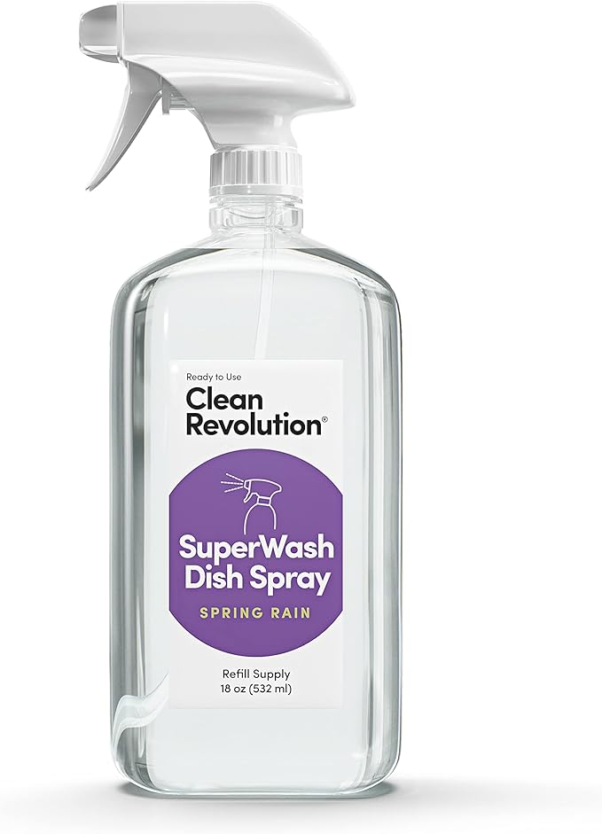 Clean Revolution SuperWash Dish Spray | Starter Kit | Includes 18oz Refillable Trigger Spray Bottle + 64oz Refill Supply | 82oz Total | Compatible with Dawn Powerwash Sprayers | Spring Rain Fragrance