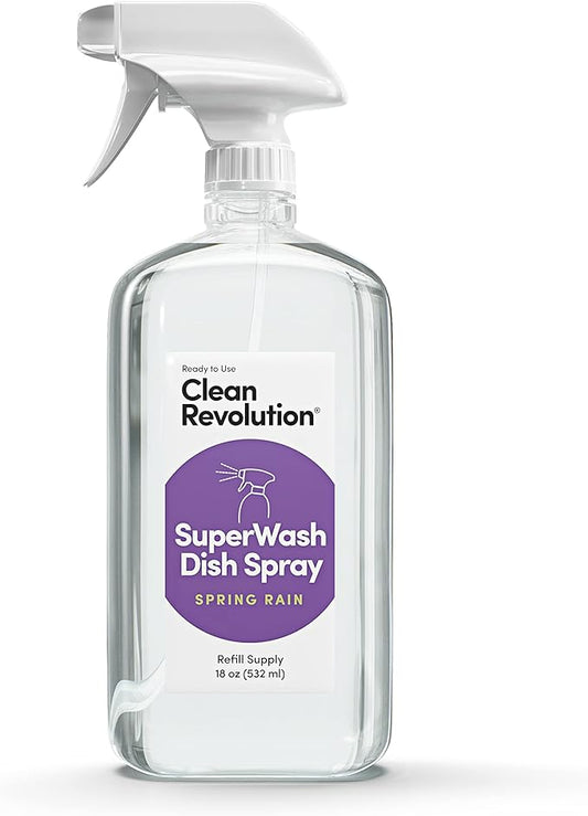 Clean Revolution SuperWash Dish Soap Starter Kit, Includes 3 18-Ounce Bottles One Trigger Sprayer, Compatible with Dawn Powerwash Sprayers, Spring Rain, Clear, 54 Fl Oz - Made in USA