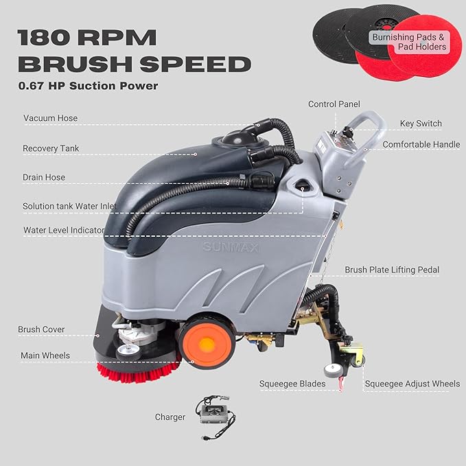SUNMAX 28" Commercial Floor Scrubber Machine, 14.5-gal Tank, Dual Brushes and Sourcing Pads, Self-Propelled Floor Cleaner with Traction Drive