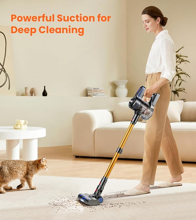 NADALY Cordless Vacuum Cleaner, Powerful Stick Vacuum with 45min Runtime, Anti-Tangle Self-Standing Vacuum Cleaners for Home, 8-in-1 Lightweight Vacuum for Hardwood Floor/Carpet/Pet Hair, Bronzed Gold