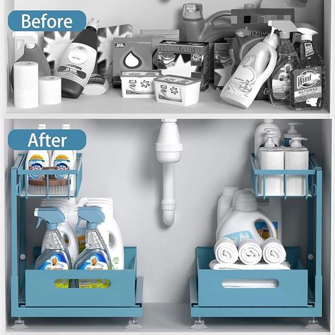 Under Sink Organizer 2 Pack, L shaped 2 Tier Pull Out Under Sink Organizer with Adjustable Height, Premium Metal Sliding Basket Shelf for Kitchen Bathroom Cabinet Storage Teal