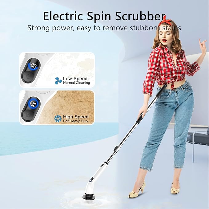 TUYU Electric Spin Scrubber, Full-Body IPX7 Waterproof Bathroom Scrubber with Power LCD Display, Adjustable Extension Handle, Cordless Shower Cleaner Brush for Bathtub Kitchen Wall Cleaning