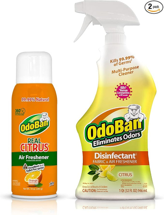 OdoBan 360-Degree Continuous Spray Natural Oil Real Citrus Orange Air Freshener, 10 Ounce, and Multipurpose Disinfectant Cleaner, 32 Ounce Spray, Made in the USA