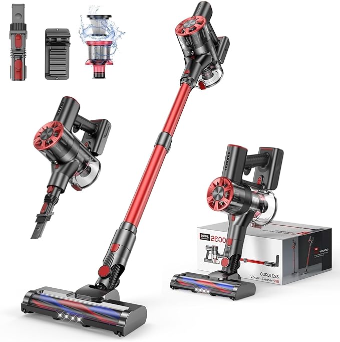 Cordless Vacuum Cleaner for Home, 80,000PRM Powerful 4 in 1 Lightweight Stick Vacuum with 2 Adjustable Suctions, Max 40 Mins Runtime, 2600mAh Rechargeable Vacuum Cleaners (Burgundy)