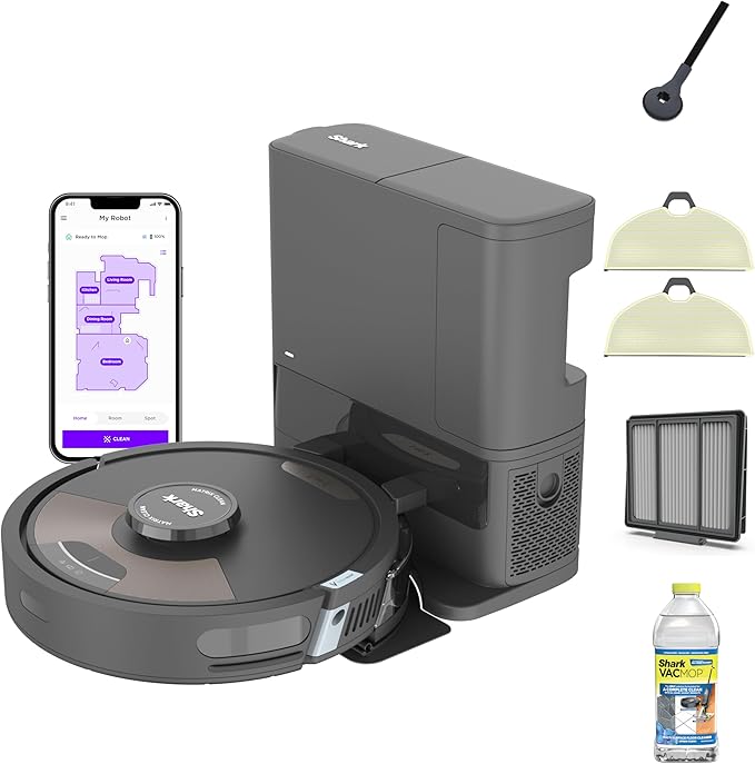 Shark Plus 2in1 Robot Vacuum & Mop with Sonic Mopping, Home Mapping, HEPA Bagless Self Empty Base, CleanEdge, for Pet Hair, WiFi, Black/Mocha, AV2630WA, for Carpets & Hardfloors