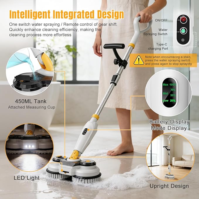 Cordless Electric Mop for Dewalt 20V Battery (NO Battery), 2 in 1 Automatic Spin Mop & Electric Floor Scrubber Machine with LED Light & Water Spray, 800 RPM Rotating Electric Mops for Floor Cleaning
