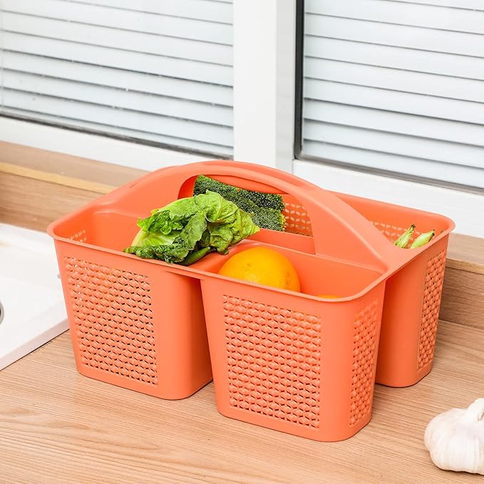 UUJOLY Plastic Portable Shower Caddy Bucket, Cleaning Shower Basket with Handle Compartments Storage Organizer for Bathroom Kitchen College Dorm Sink, Orange