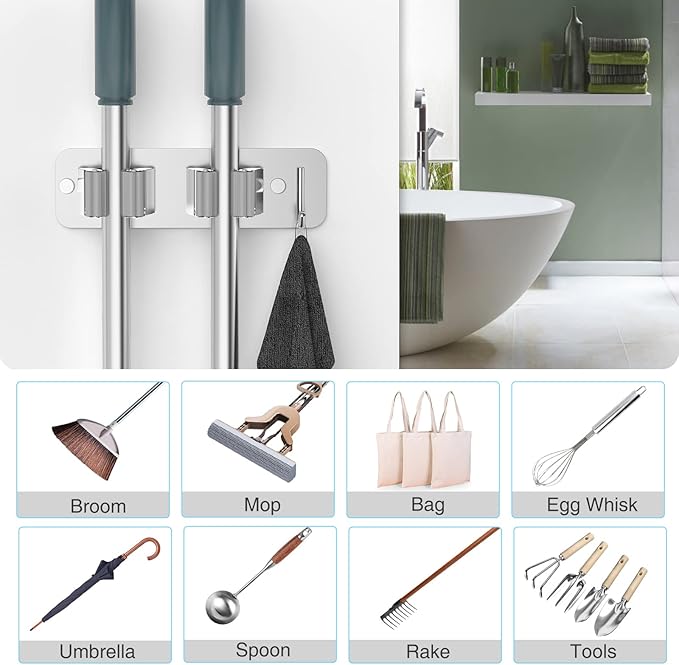 Wall Mount Mop and Broom Holder, Heavy Duty Stainless Steel Organizer Rack with Hooks | 2-Pack, 2-in-1 No Drill & Screw Installation, Silver