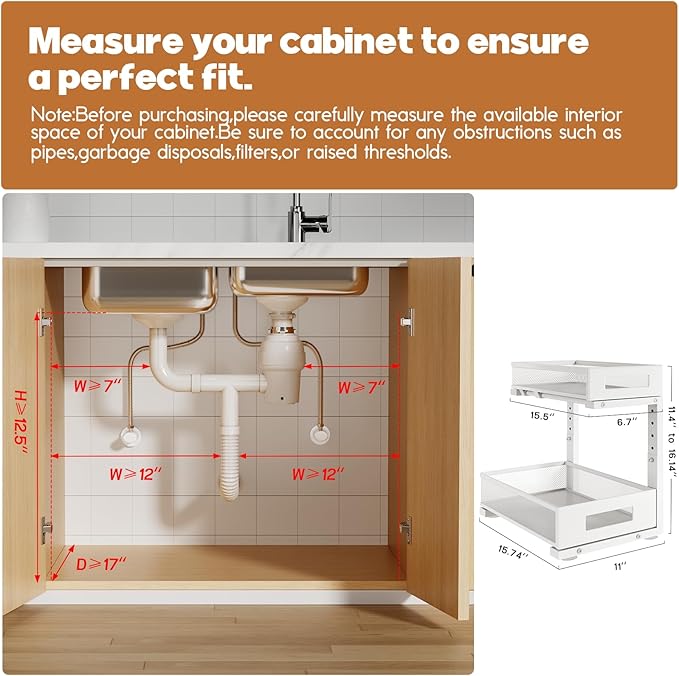 1 Pack-11.4"-16.14"H Under Sink Storage Organizer, Large 2-Tier Elegant Mesh Pull Out Shelf for Kitchen and Bathroom Cabinet Organization, L-Shaped and Adjustable Height Design for Maximum Space-White