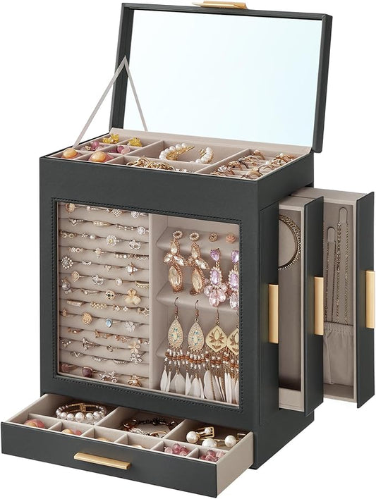 SONGMICS Jewelry Box with Glass Window, 5-Layer Jewelry Organizer with 3 Side Drawers, Jewelry Storage, with Big Mirror, Modern, 6.1 x 10.3 x 12.6 Inches, Slate Gray and Metallic Gold UJBC162G01