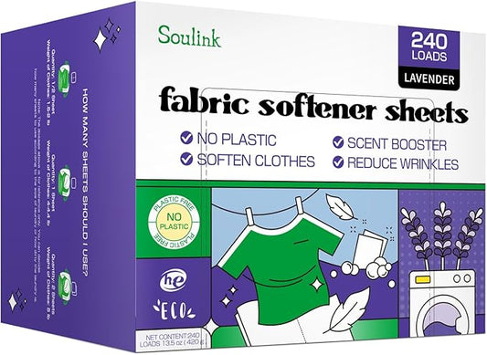 Soulink Fabric Softener Sheets for Washing Machine, No Plastic Jug Soap Strips, Alternative to Fabric Softener Liquid and Pods, Lavender Scent, Up to 240 Loads