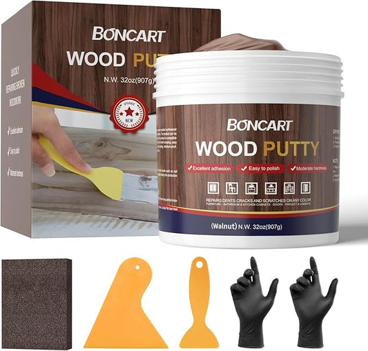 32oz Wood Filler Putty - Walnut Paintable Furniture Repair Kit for Quickly Fixing Broken and Defective Wooden Items, MQNZ-09