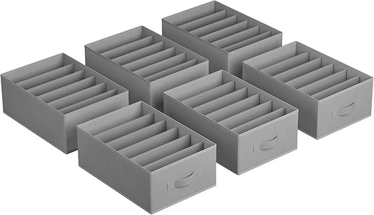 SONGMICS Set of 6 Large Size Wardrobe Clothes Organizers, 6-Compartment Foldable Drawer Organizers with Handles, 16.5 x 11.8 x 6.7 Inches, for Pants, Sweaters, Jeans, Dove Gray URUS009G03