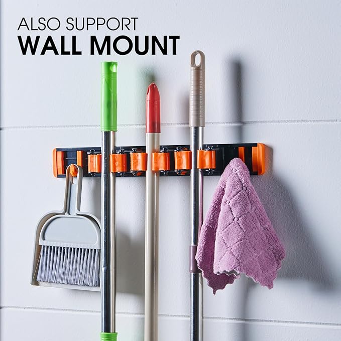 Unjumbly Broom Holder Wall Mount, Drilling Free Mop and Broom Holder with 2 Over Door Hooks, Tool Organizer for Laundry Room, Garage, Kitchen, Closet, Bathroom, Pantry - Orange