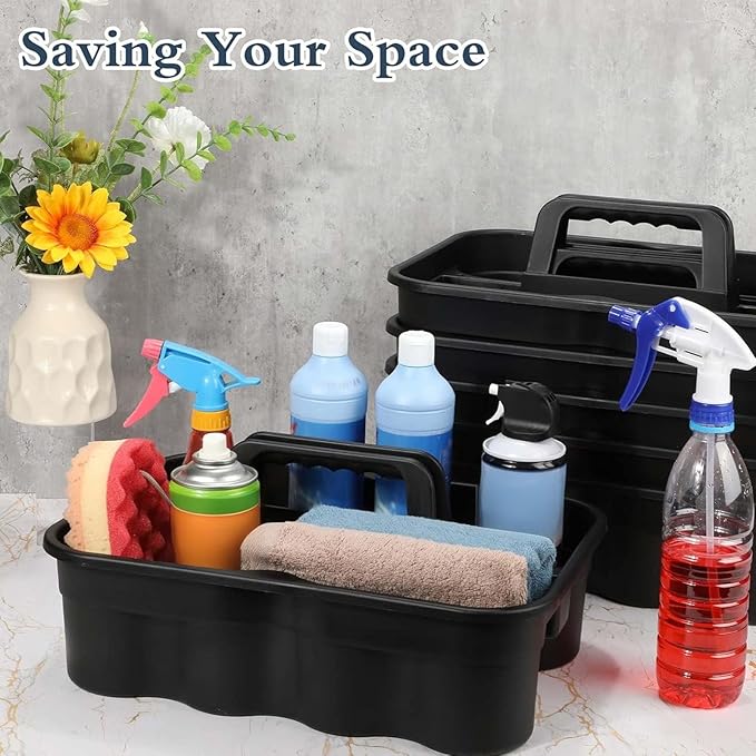 Wesiti 6 Pcs Cleaning Caddy with Handle Large Plastic Housekeeping Shower Basket Cleaning Supplies Organizer for Spray Bottles Brush Home Bathroom Office(Black)