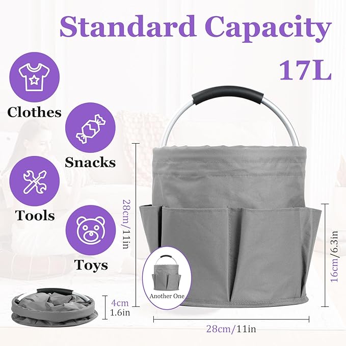 2Pcs Cleaning Caddy with Handle and 6 Pockets, 17L Foldable Cleaning Tote Bag, Portable Shower Caddy in 600D Oxford Fabric, Multifunctional Storage Basket for Camping, Garden, Dark Gray