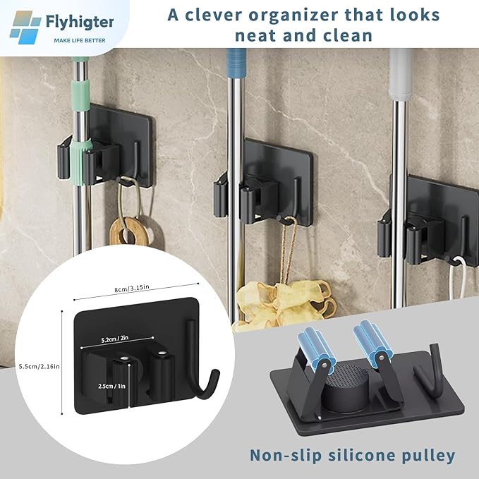 6 Pack Stainless Steel Mop and Broom Holders – Wall Mounted Grippers with Adhesive or Nail-Free Glue, No-Drill Installation for Kitchen, Bathroom, Garage
