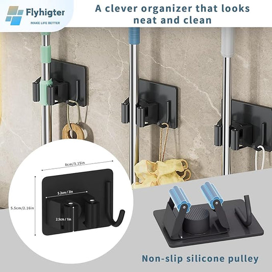 Stainless Steel Mop Holder Wall Mount – 4 Pack Heavy-Duty Broom Organizer with Strong Grip, Adhesive or Nail-Free Glue Installation for Bathroom, Kitchen, Garage