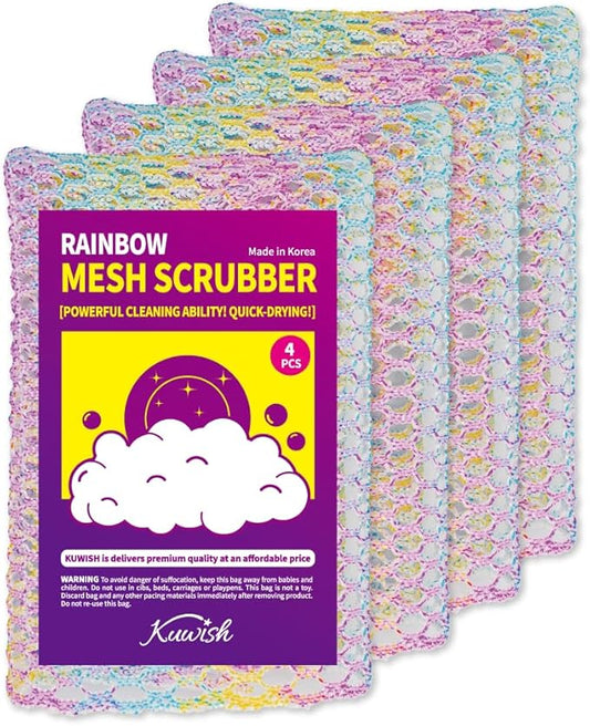 Rainbow Mesh Scrubber Set - 4 Pack Multi-Color, Multi-Purpose, Durable and Non-Scratch Cleansing Sponges for Kitchen, Bathroom, and Home Cleaning Essentials