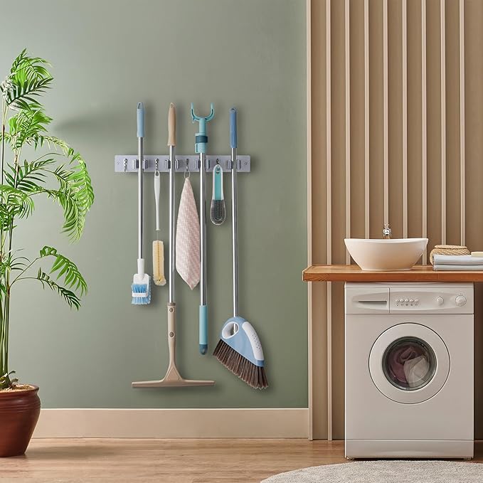 Gray Mop Broom Holder Wall Mount with 4 Slots & 4 Hooks - Wood Broom Mop Hanger for Pantry Closet Laundry Room Organization - Heavy Duty Garden Tool Organizer