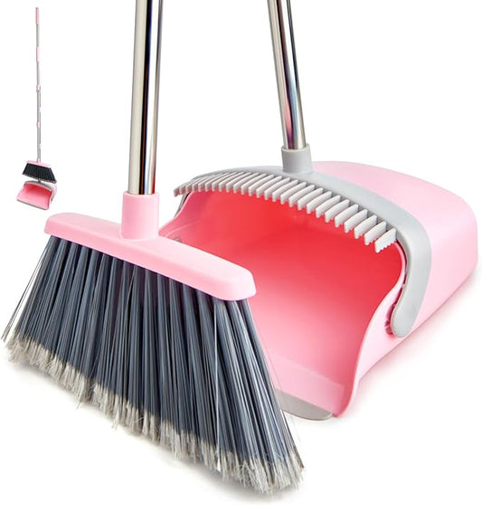 Broom and Dustpan Set, Dustpans with Broom Combo for Home, Heavy Dust Broom and Dustpan Combo, Long Handle Dust Pan and Broom Set for Kitchen, Office, Pet Hair(Gray Pink)