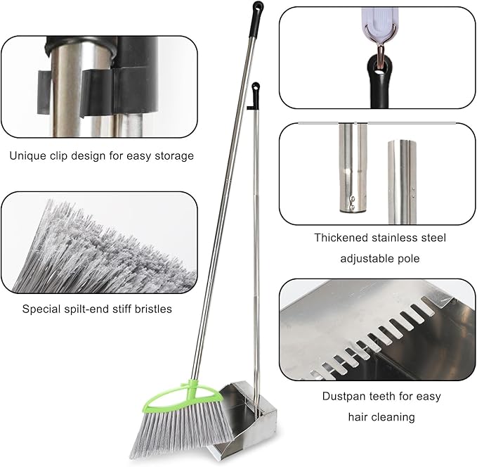 Heavy Duty Broom and Dustpan Set, Metal Stand Up Dustpan with Outdoor Stiff Bristles Broom for Hardwood Patio Floor Sweeping