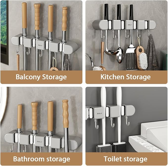 Mop Broom Holder Wall Mounted, 5 Racks and 4 Hooks Punch Free Mop and Broom Holder Wall Mount Broom Rack, Heavy Duty Hooks Self Adhesive Solid Non-slip for Home Kitchen Garden Laundry (2, Grey)