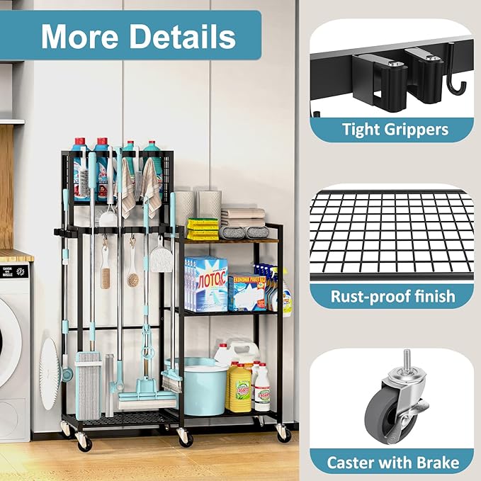 Broom Holder with Cleaning Supplies Organizer, Cleaning Cart with Broom Hanger, Broom and Mop Holder with Wheels,11 Mop Hanger Grippers & 6 Hooks, Broom Organizer for Laundry, Garage, Tool Room