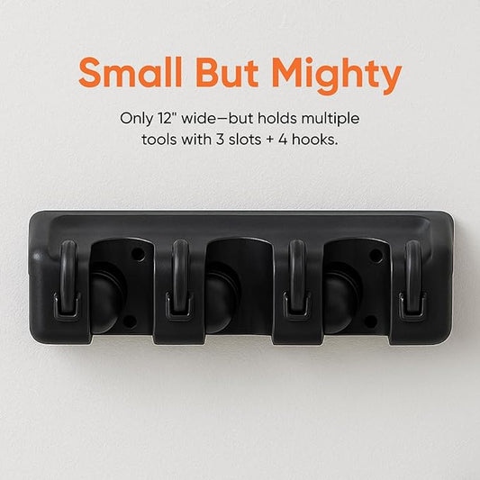 Superio Mop and Broom Holder Wall Mount Storage Organizer for Kitchen, Garage, Garden, 3 Slots (2 Pack, Black)