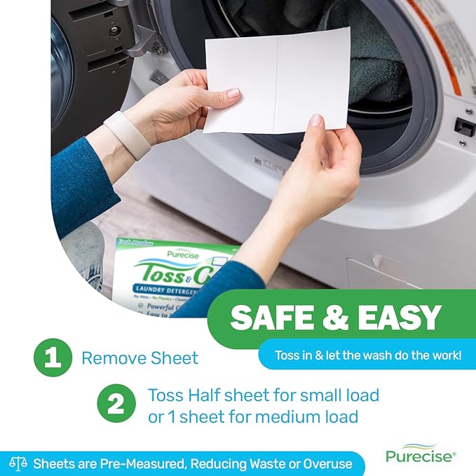 Purecise - Toss & Go - Fresh Meadow Laundry Detergent Sheets - Powerful Clean, No Mess, Fast-Dissolving, No Residue - 30 Loads - 5ct Pack of 3