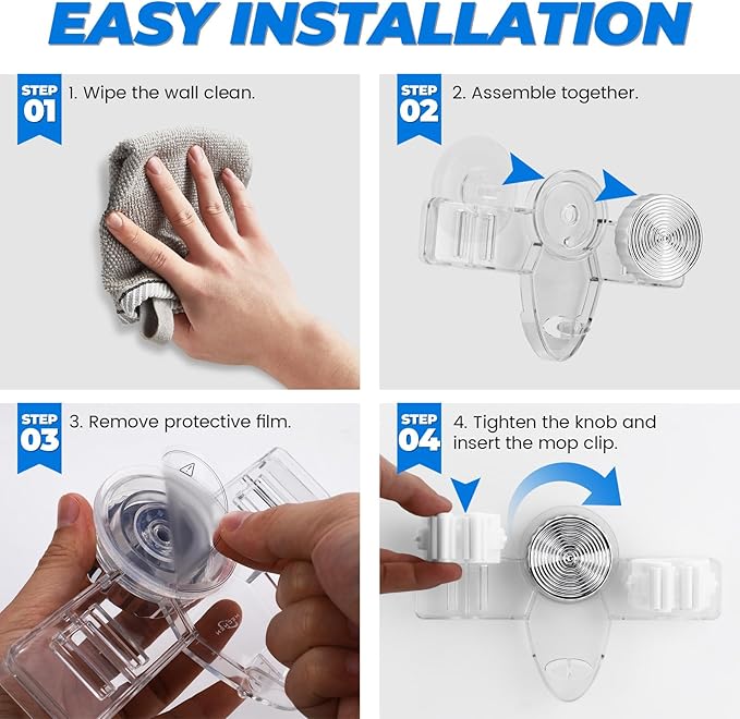 2 Pack Broom Holder Mop Hanger - Strong Suction Cup - No Drill Removable Broom Organizer Rack Wall Mount with Hooks for Bathroom Kitchen Garage, Clear