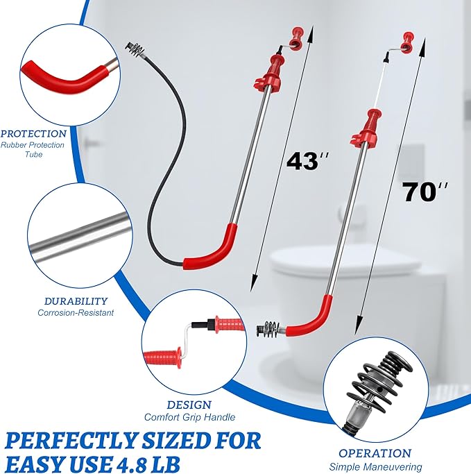 6 Ft Toilet Auger Snake Model K-6P 56658 Toilet Snake for Unclogging with 6-Foot Snake and Bulb Head, Heavy Duty Toilet Auger Snake for Unclogging Toilets for Home, Office, School, More